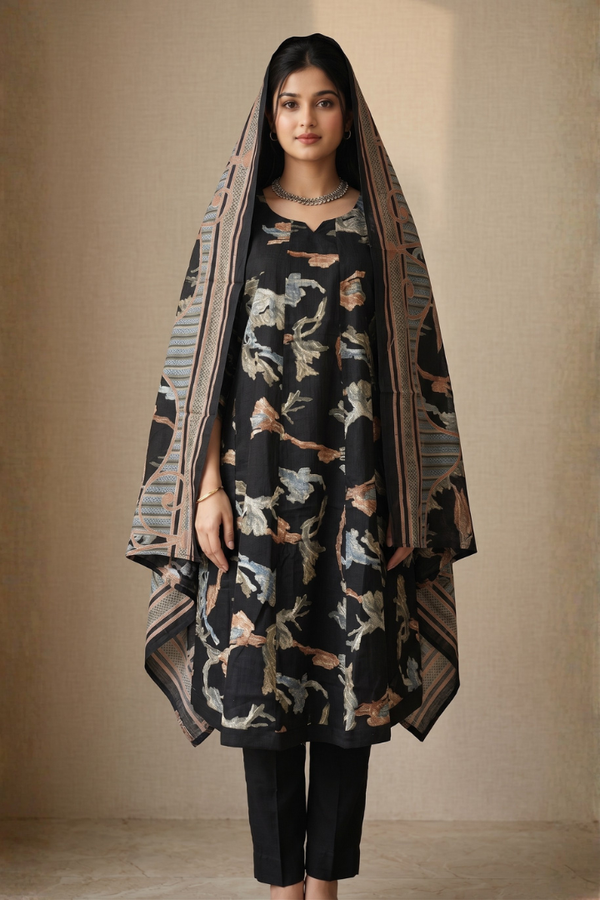 Black and White Botanical Print Cotton-Blend 3-Piece Set