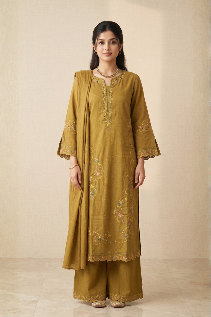 Women's Embroidered Flex Cotton Kurta Set with Dupatta