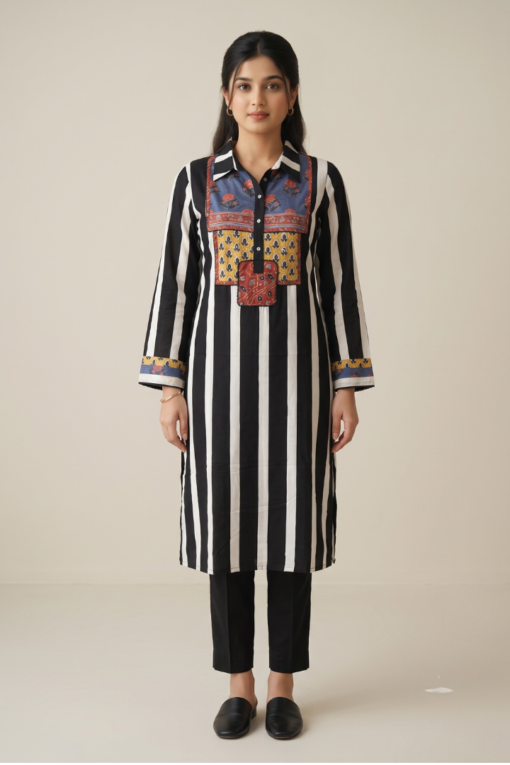 Women's German Rayon Top & Pants Set with Ajrakh Details