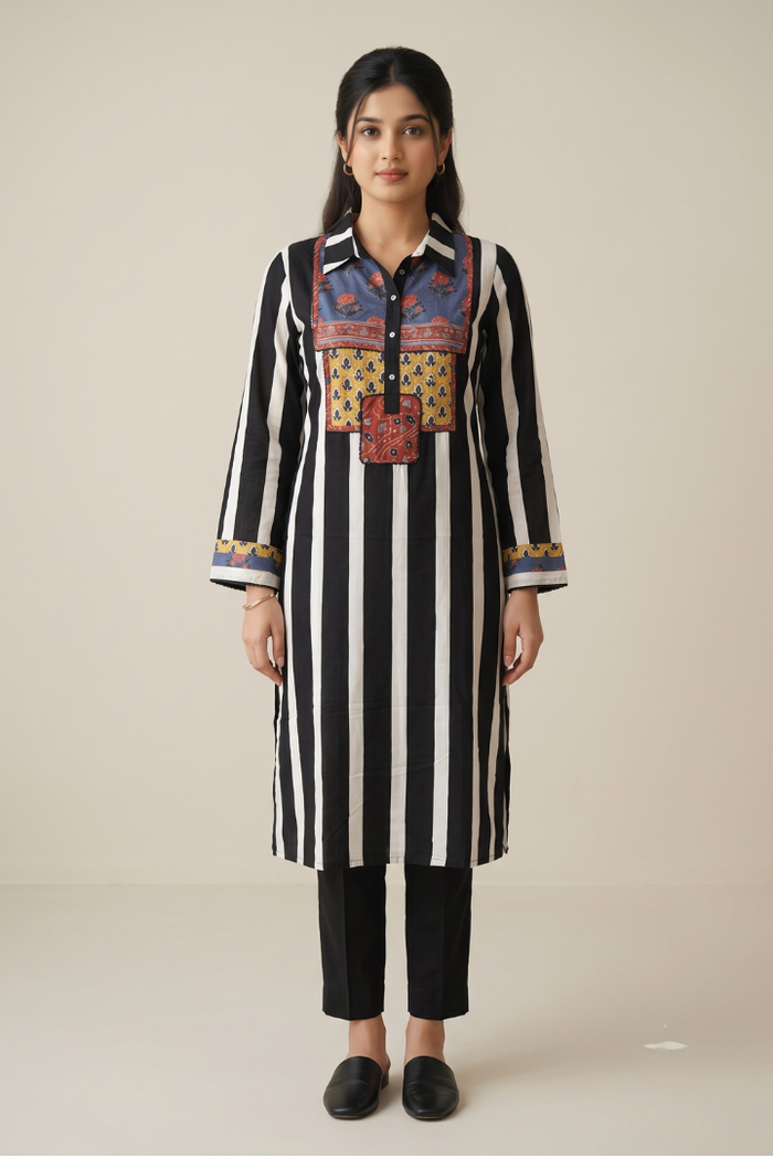 Women's German Rayon Top & Pants Set with Ajrakh Details