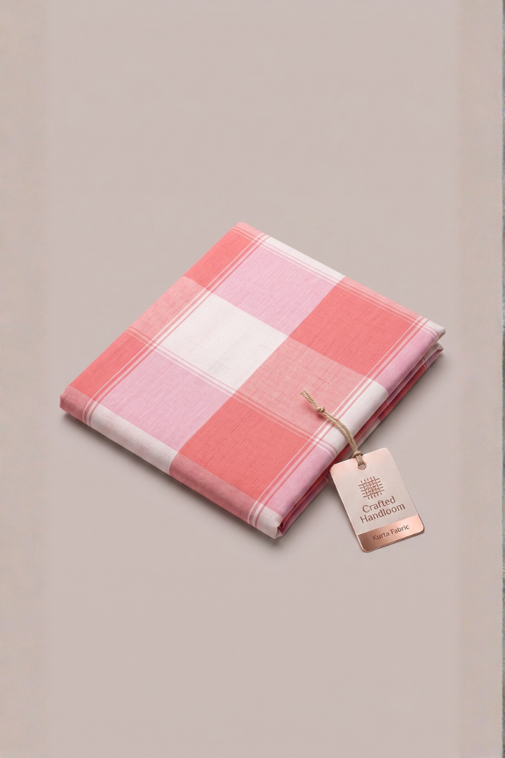 Premium Crafted Handloom Kurta Fabric – Coral & Pink Checkered (Unstitched) avialable in meters