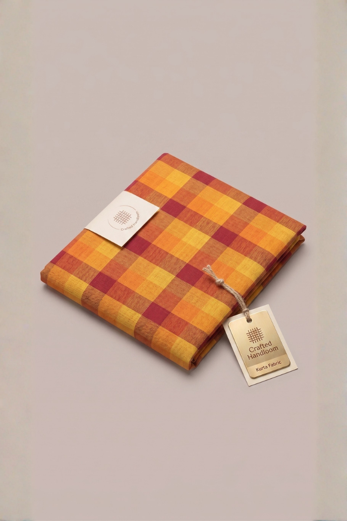 Artisanal Checkered Yellow & Orange Handloom Kurta Fabric - Premium Unstitched per meter